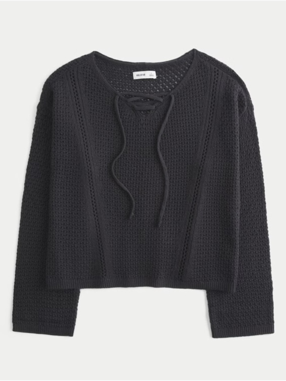 Hollister Black Lace-Up Textured Crewneck Sweater “Stitchy V-Neck Sweater”